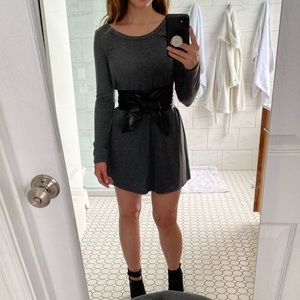Long Sleeve Gray Mini Dress with Waist Belt